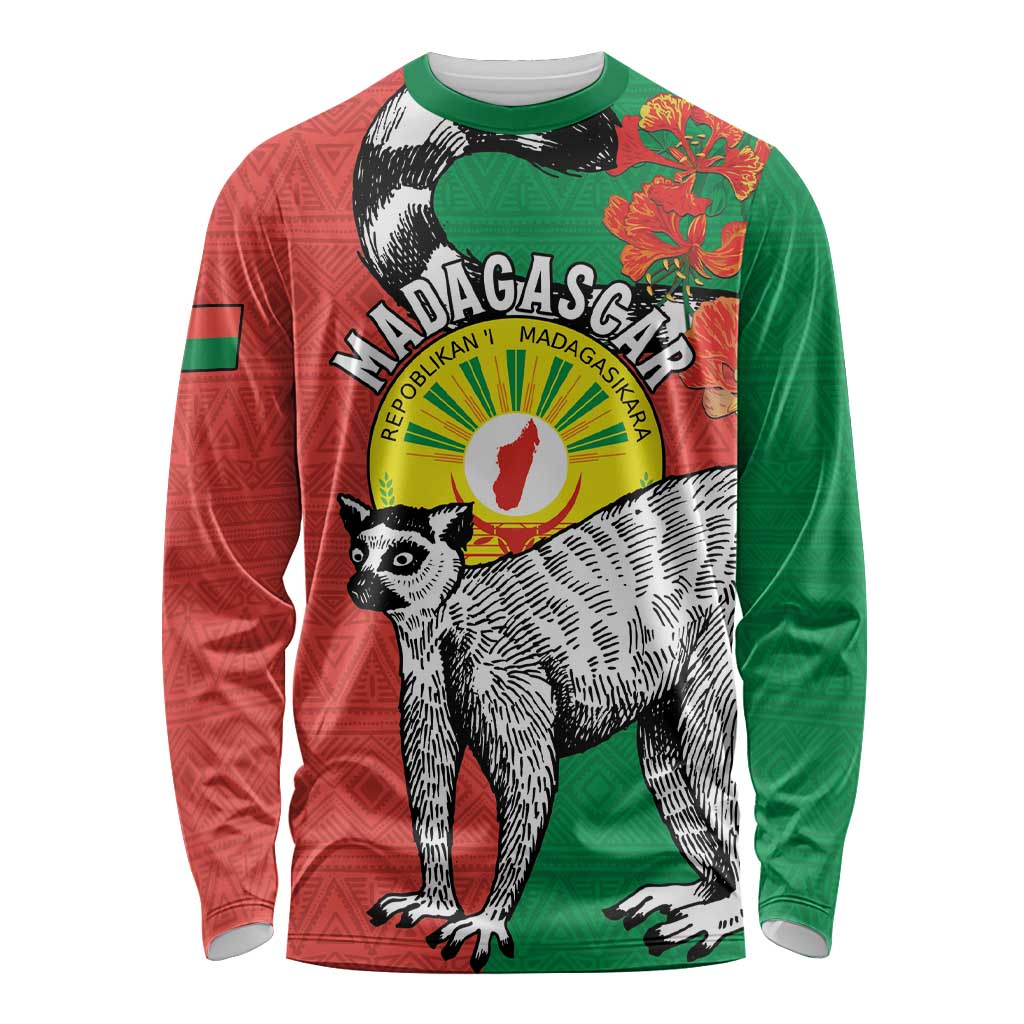Happy Madagascar Independence Day Long Sleeve Shirt Ring-Tailed Lemur With Seal Of Madagasikara