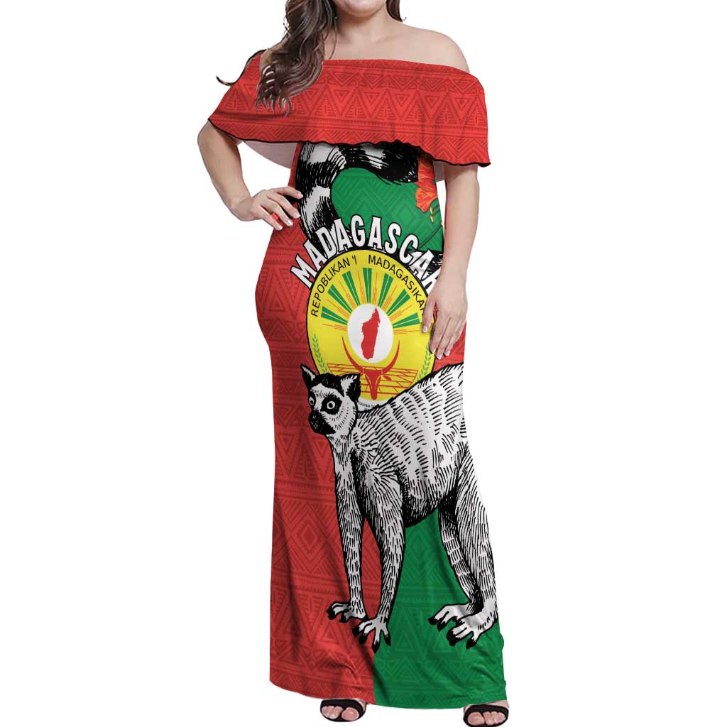 Happy Madagascar Independence Day Off Shoulder Maxi Dress Ring-Tailed Lemur With Seal Of Madagasikara