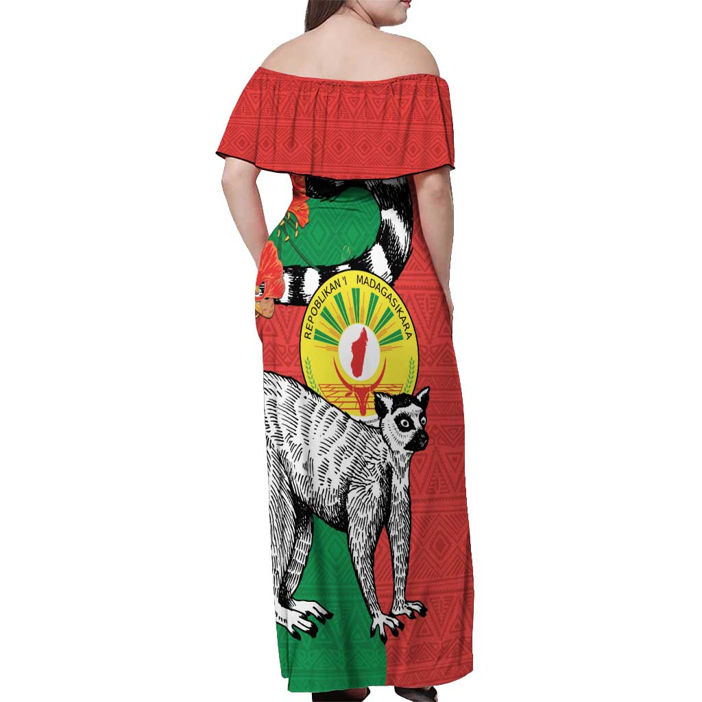 Happy Madagascar Independence Day Off Shoulder Maxi Dress Ring-Tailed Lemur With Seal Of Madagasikara