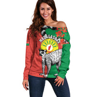 Happy Madagascar Independence Day Off Shoulder Sweater Ring-Tailed Lemur With Seal Of Madagasikara