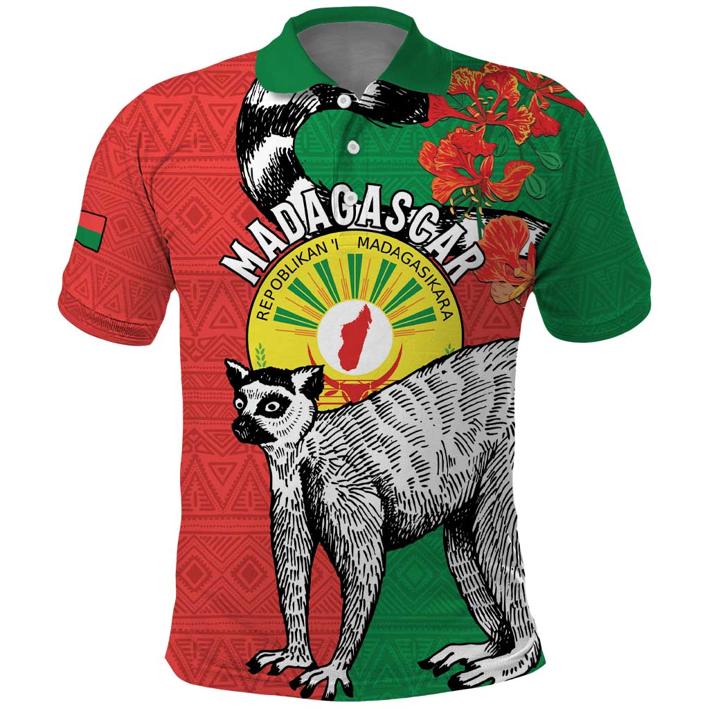 Happy Madagascar Independence Day Polo Shirt Ring-Tailed Lemur With Seal Of Madagasikara