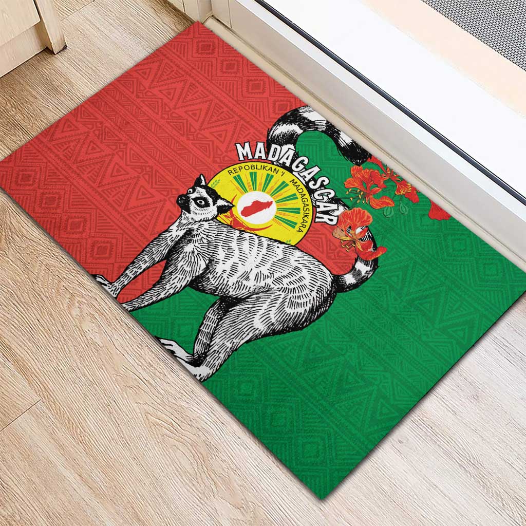 Happy Madagascar Independence Day Rubber Doormat Ring-Tailed Lemur With Seal Of Madagasikara