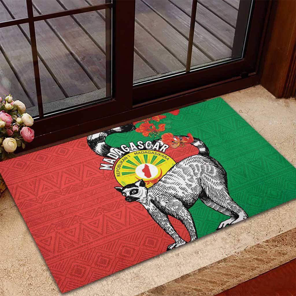 Happy Madagascar Independence Day Rubber Doormat Ring-Tailed Lemur With Seal Of Madagasikara