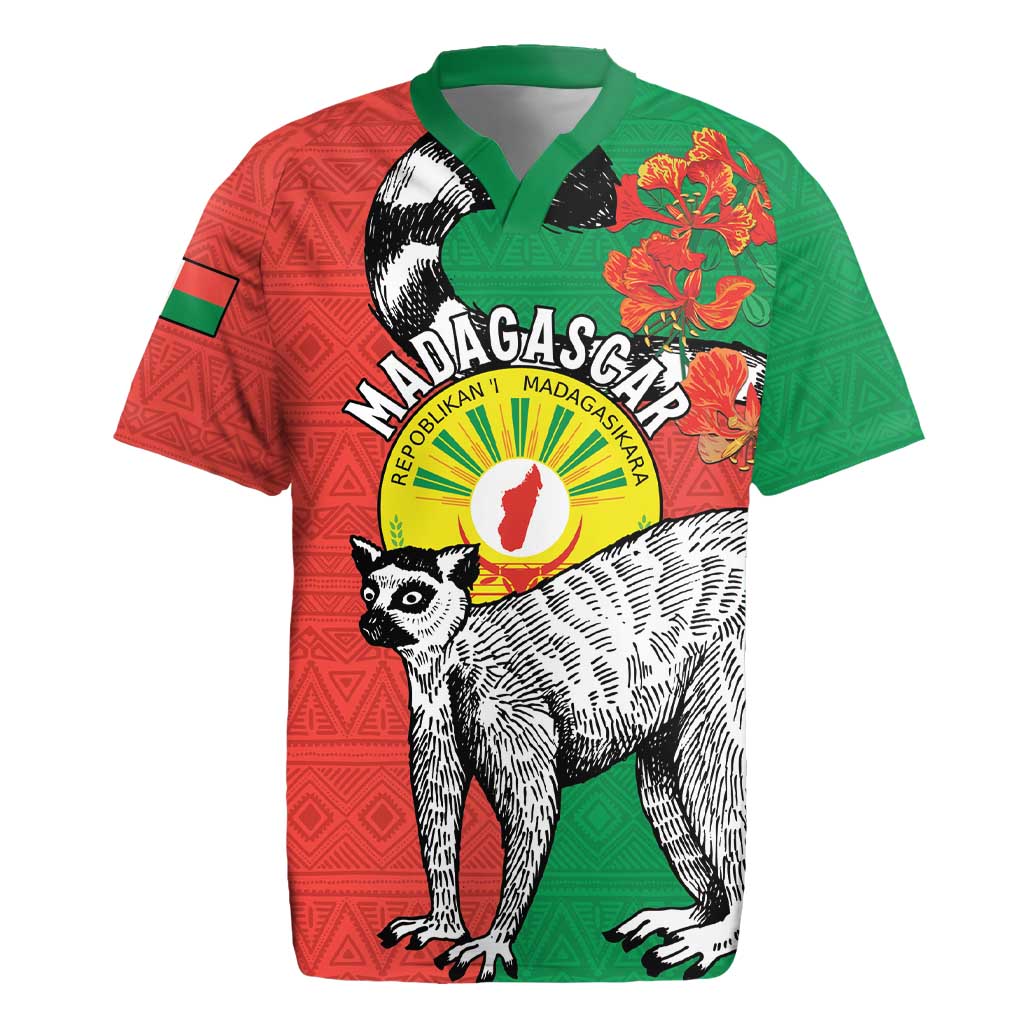 Happy Madagascar Independence Day Rugby Jersey Ring-Tailed Lemur With Seal Of Madagasikara