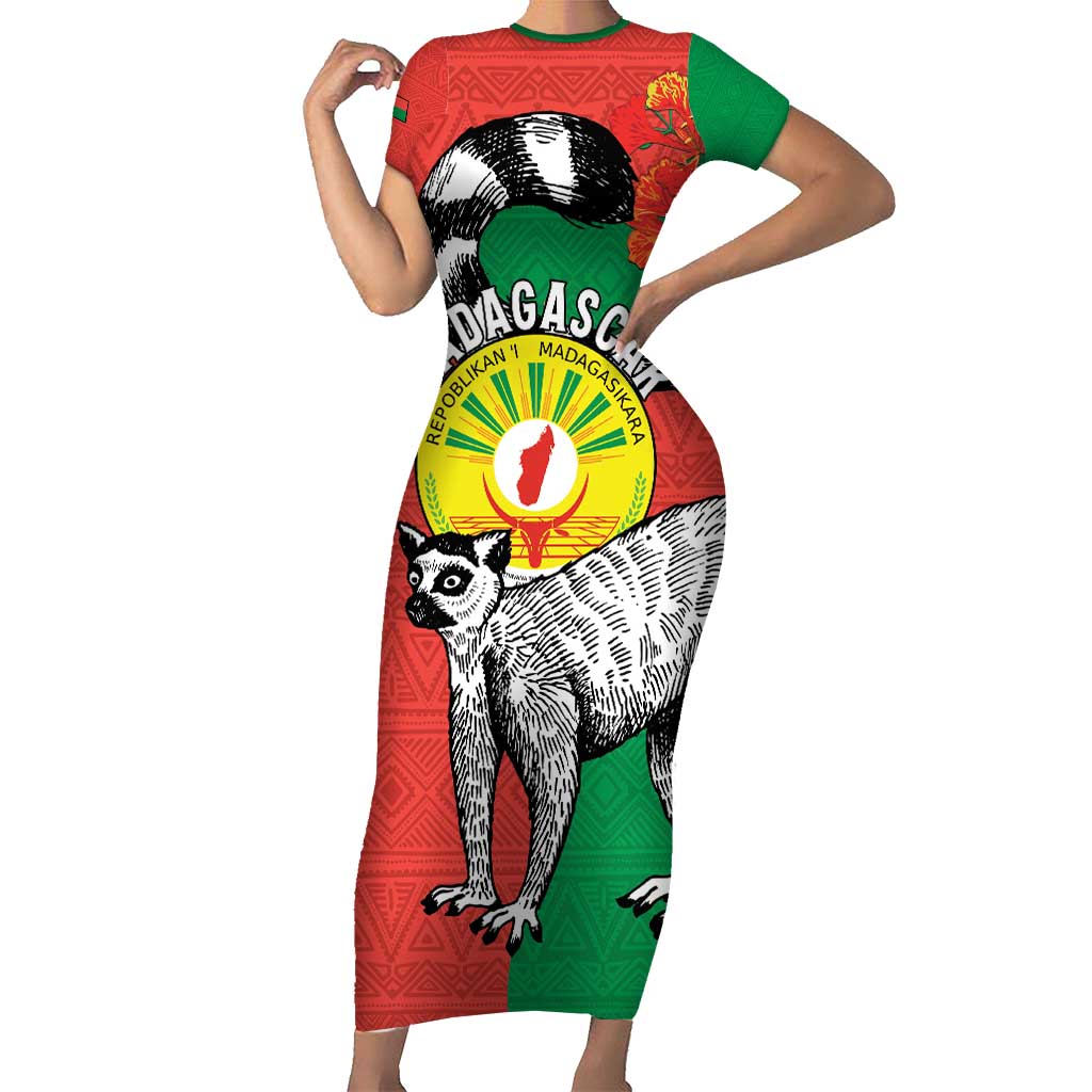 Happy Madagascar Independence Day Short Sleeve Bodycon Dress Ring-Tailed Lemur With Seal Of Madagasikara