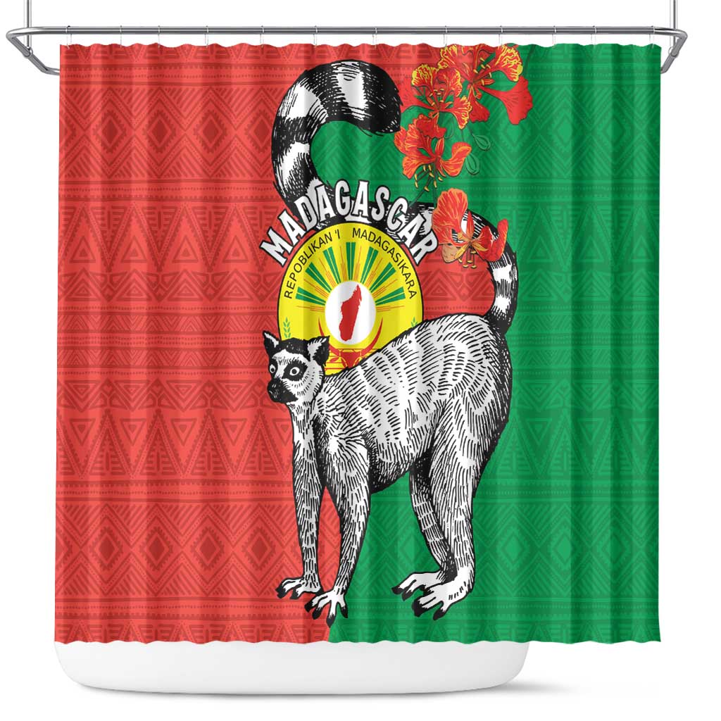 Happy Madagascar Independence Day Shower Curtain Ring-Tailed Lemur With Seal Of Madagasikara