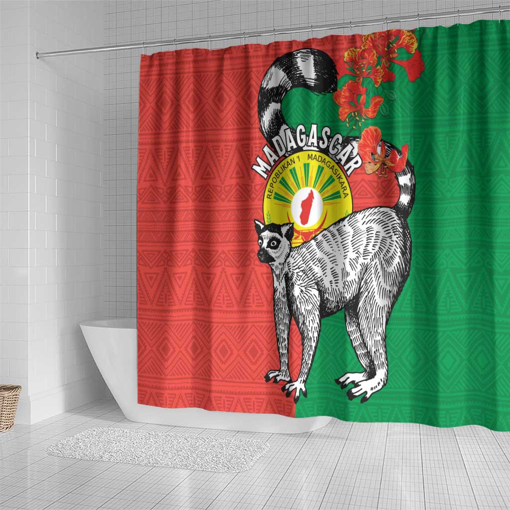 Happy Madagascar Independence Day Shower Curtain Ring-Tailed Lemur With Seal Of Madagasikara