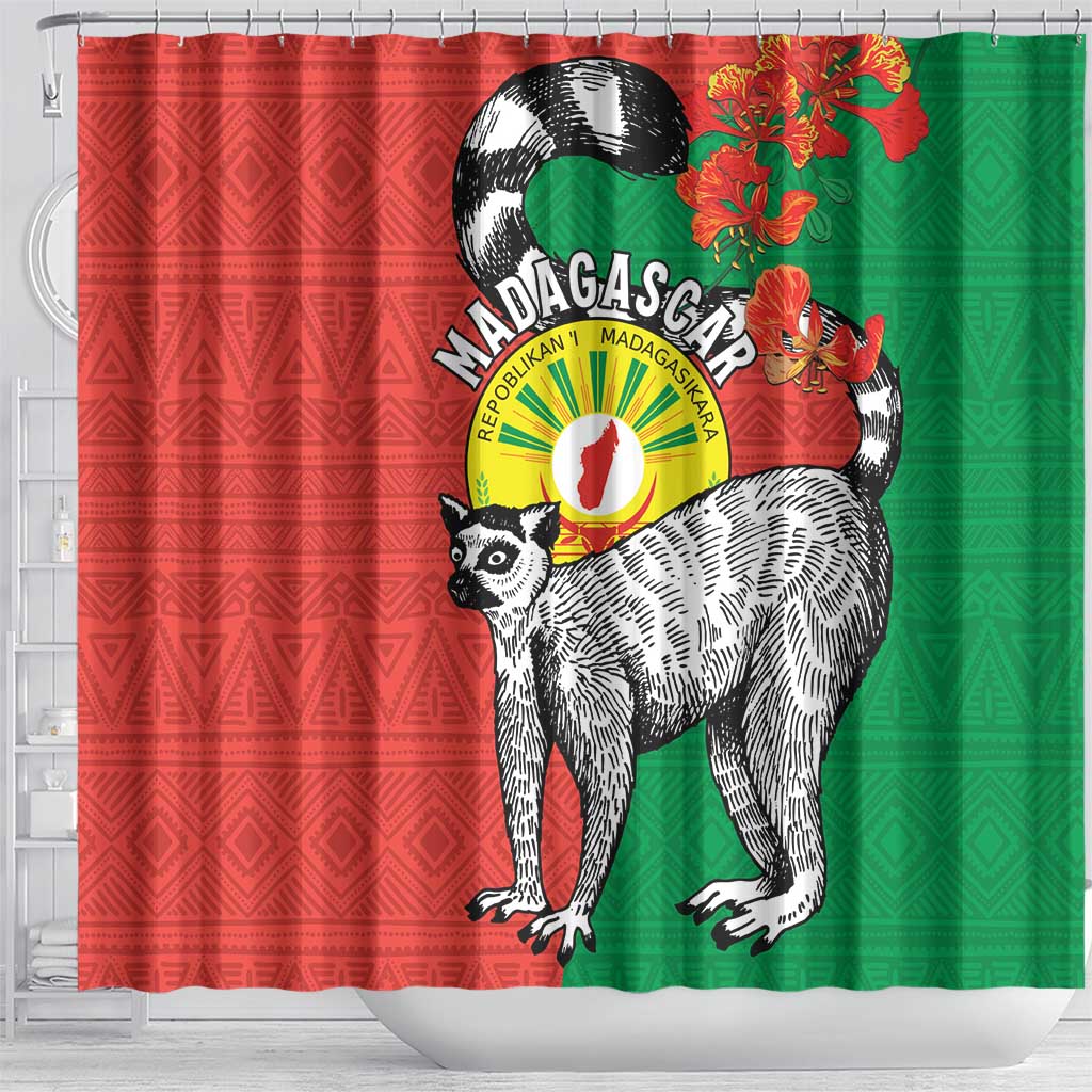 Happy Madagascar Independence Day Shower Curtain Ring-Tailed Lemur With Seal Of Madagasikara