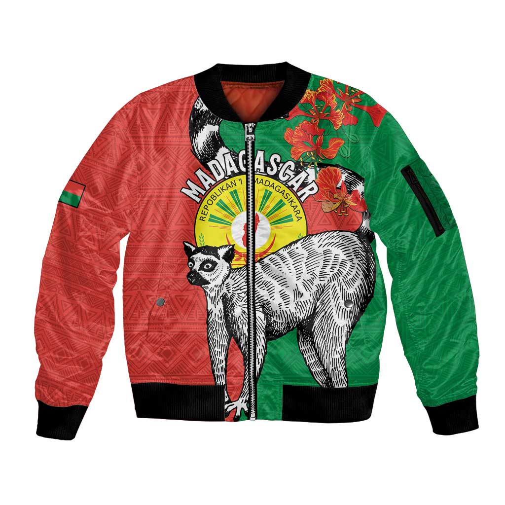 Happy Madagascar Independence Day Sleeve Zip Bomber Jacket Ring-Tailed Lemur With Seal Of Madagasikara