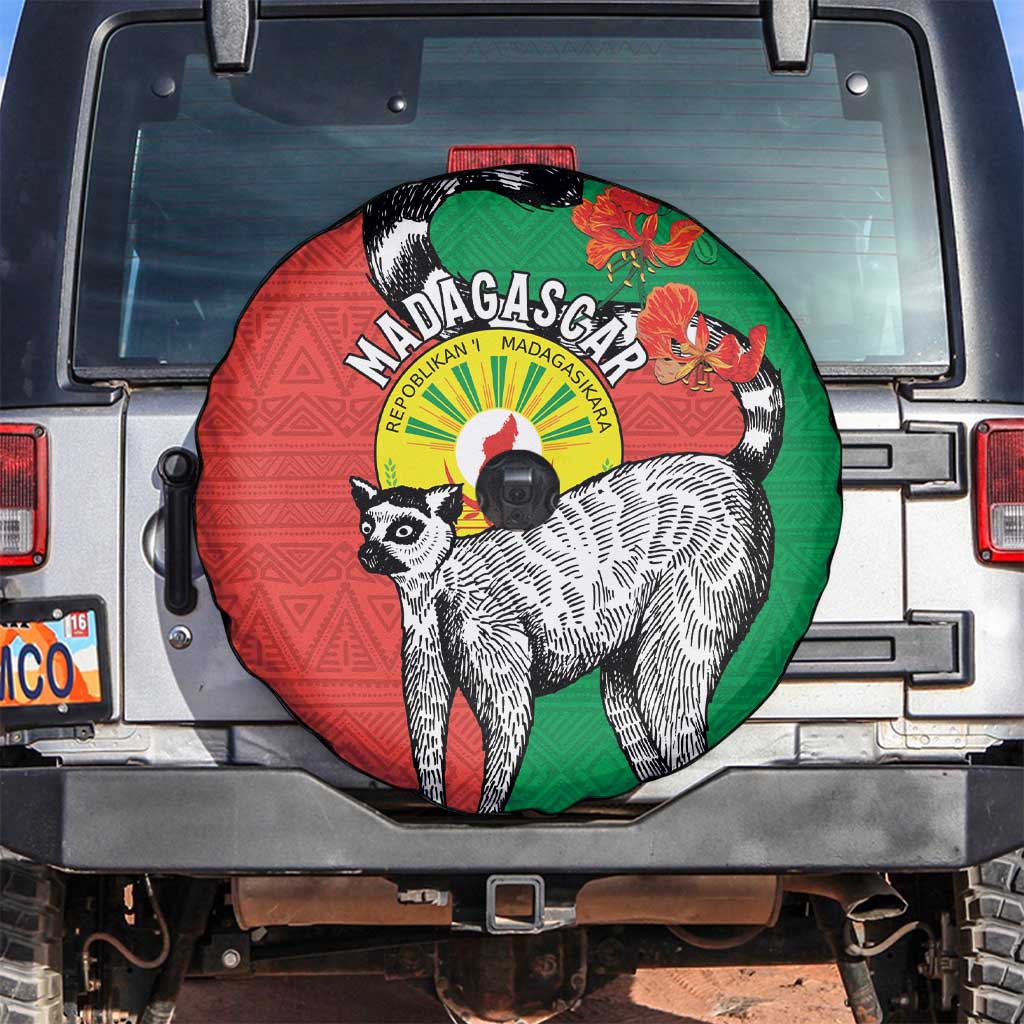 Happy Madagascar Independence Day Spare Tire Cover Ring-Tailed Lemur With Seal Of Madagasikara