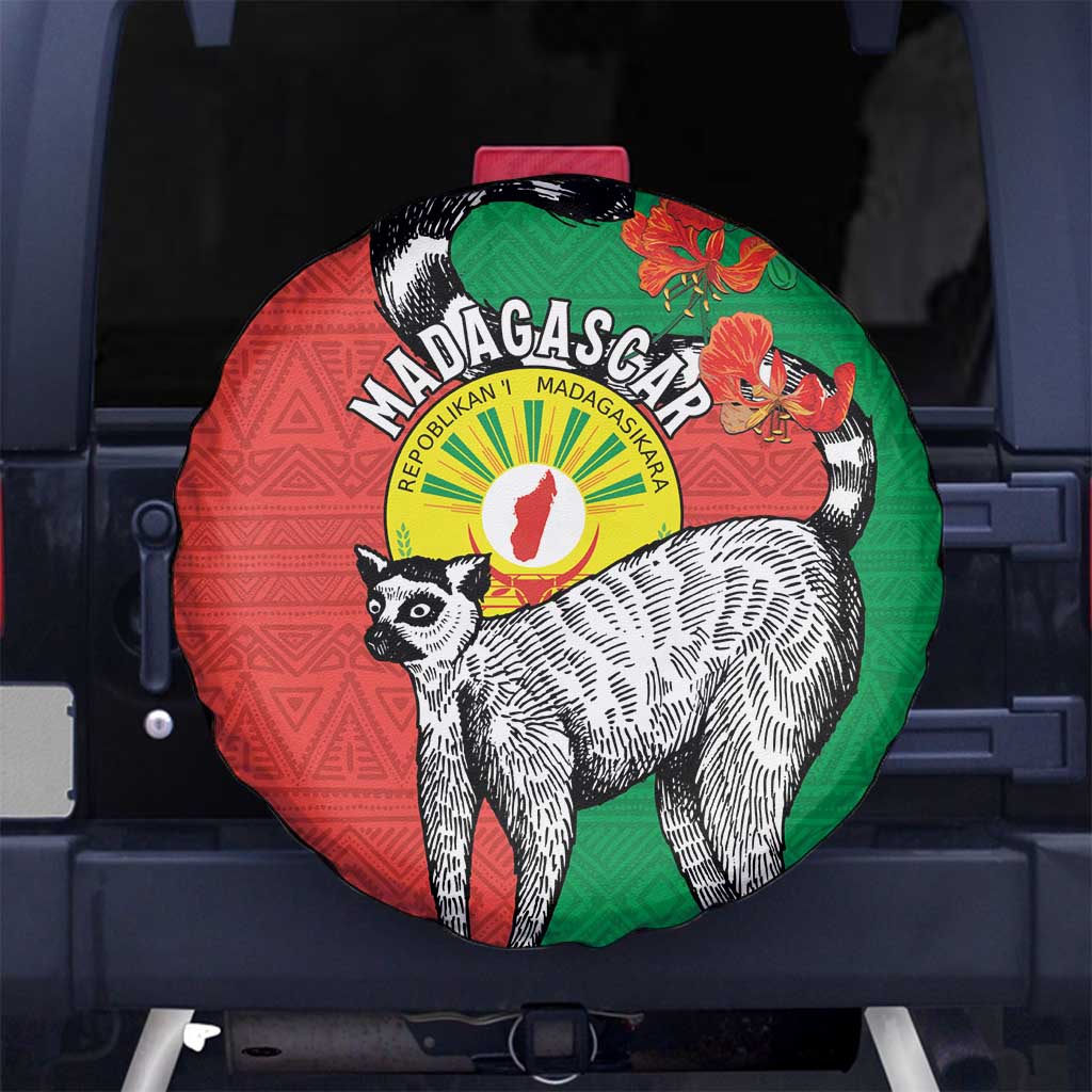 Happy Madagascar Independence Day Spare Tire Cover Ring-Tailed Lemur With Seal Of Madagasikara