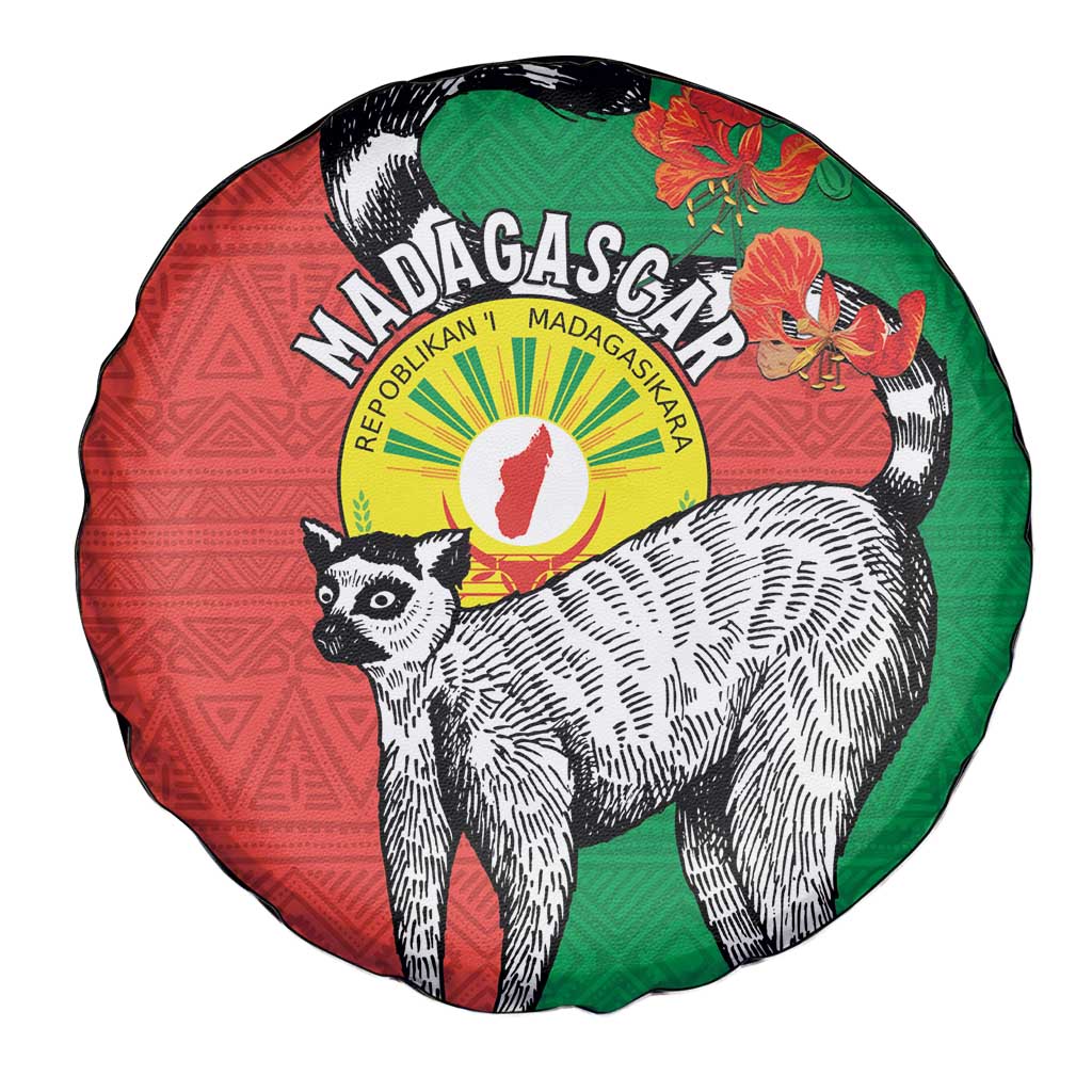 Happy Madagascar Independence Day Spare Tire Cover Ring-Tailed Lemur With Seal Of Madagasikara