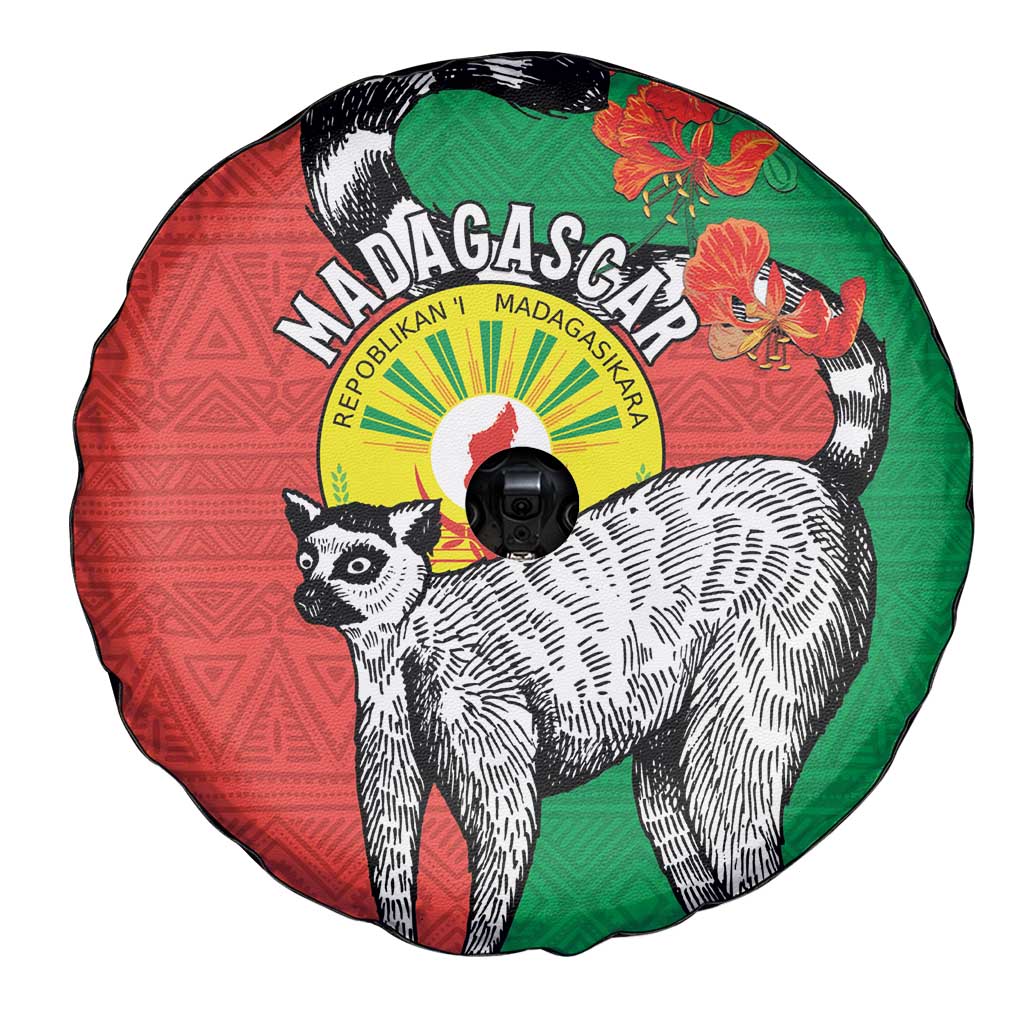 Happy Madagascar Independence Day Spare Tire Cover Ring-Tailed Lemur With Seal Of Madagasikara