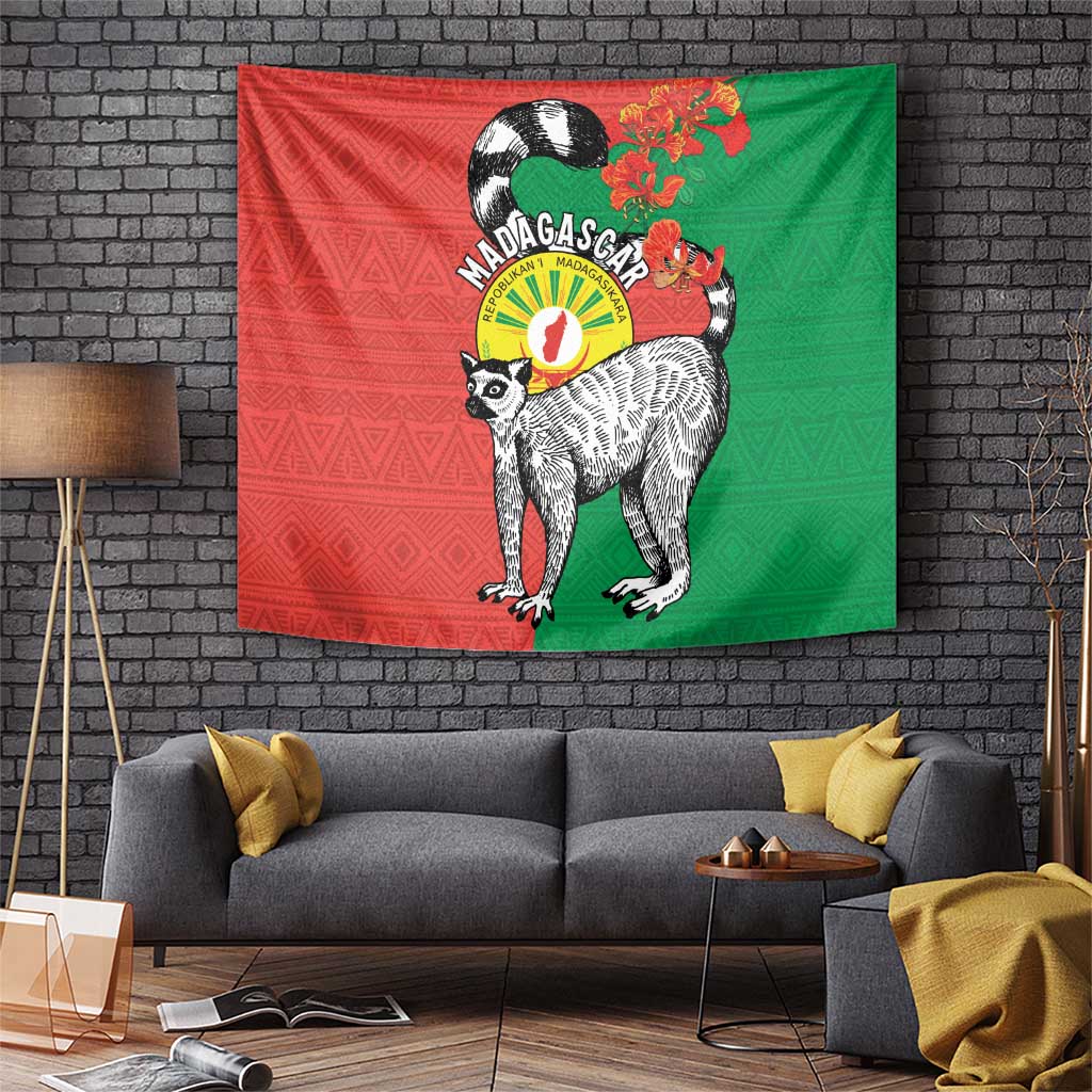 Happy Madagascar Independence Day Tapestry Ring-Tailed Lemur With Seal Of Madagasikara