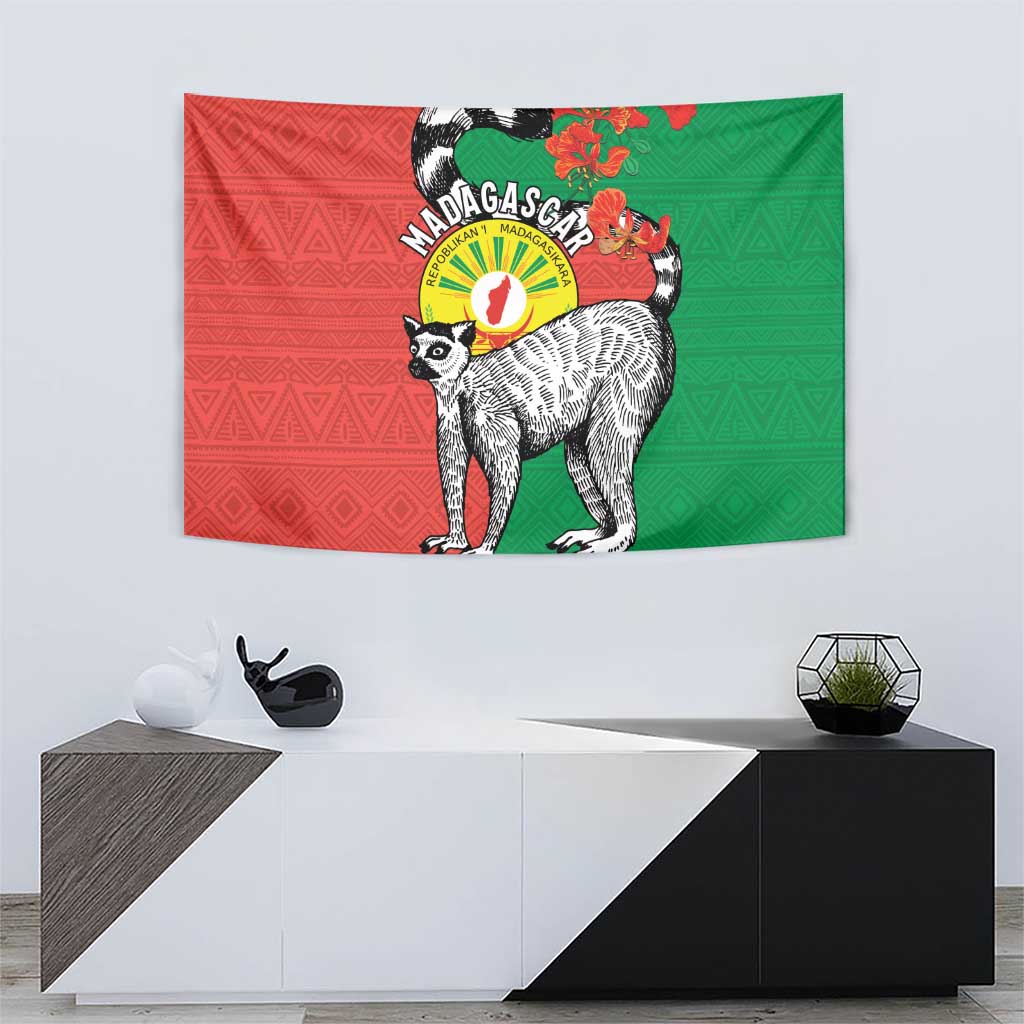 Happy Madagascar Independence Day Tapestry Ring-Tailed Lemur With Seal Of Madagasikara