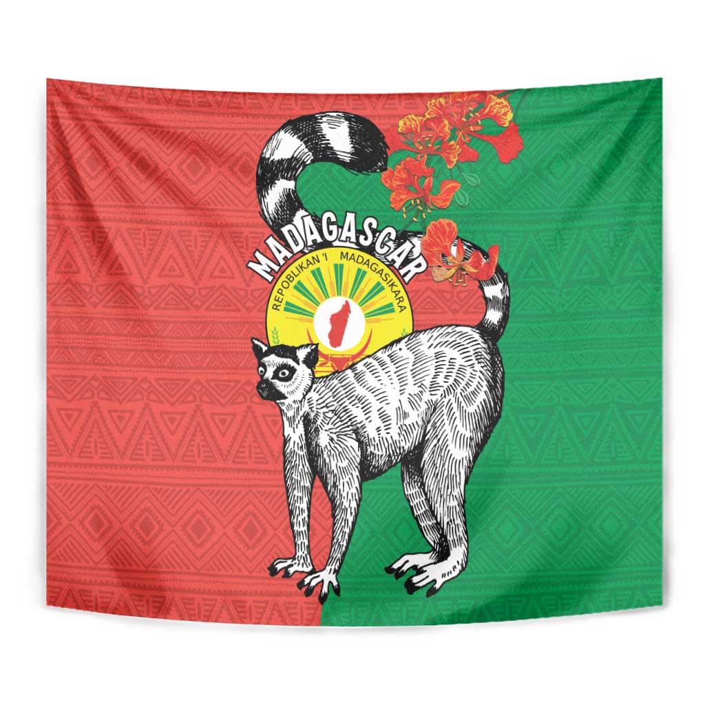 Happy Madagascar Independence Day Tapestry Ring-Tailed Lemur With Seal Of Madagasikara