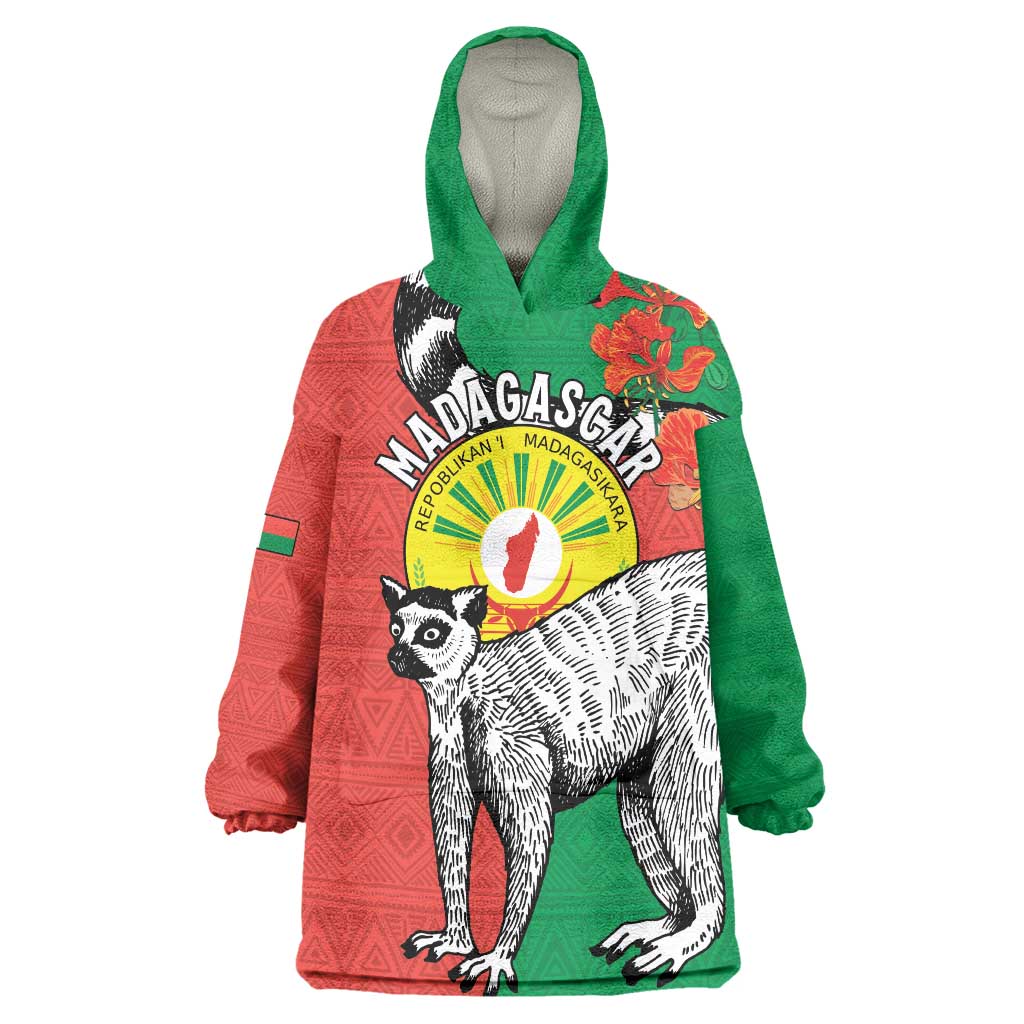 Happy Madagascar Independence Day Wearable Blanket Hoodie Ring-Tailed Lemur With Seal Of Madagasikara