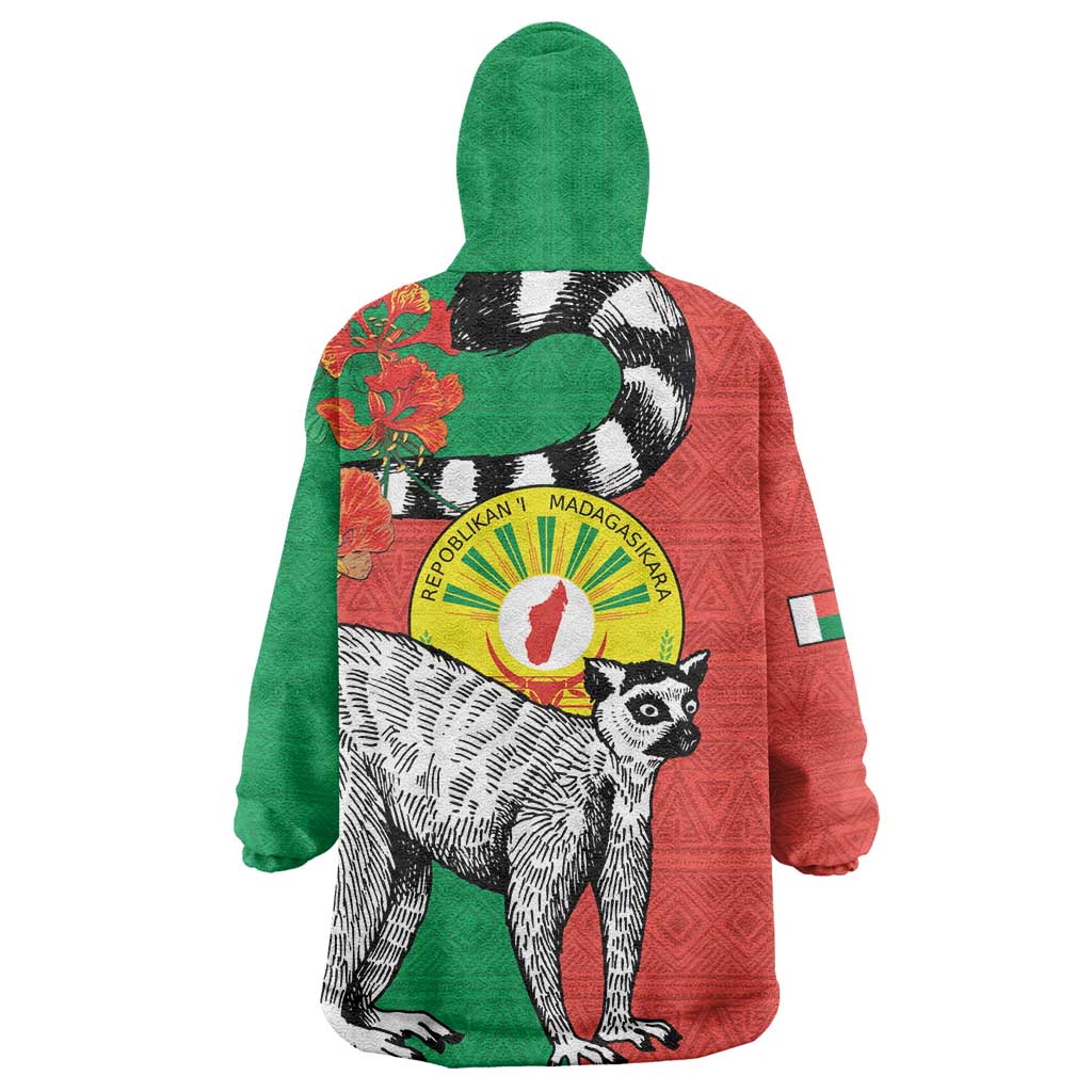 Happy Madagascar Independence Day Wearable Blanket Hoodie Ring-Tailed Lemur With Seal Of Madagasikara