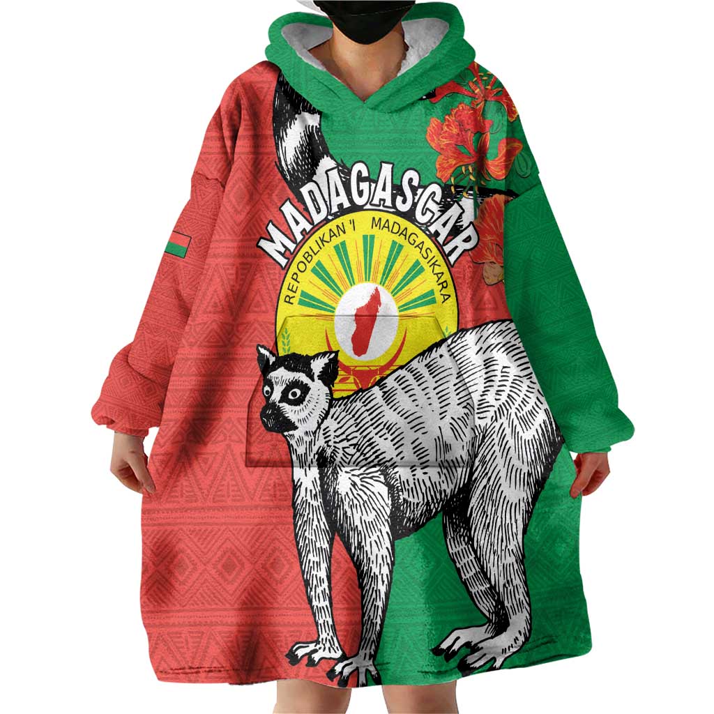 Happy Madagascar Independence Day Wearable Blanket Hoodie Ring-Tailed Lemur With Seal Of Madagasikara
