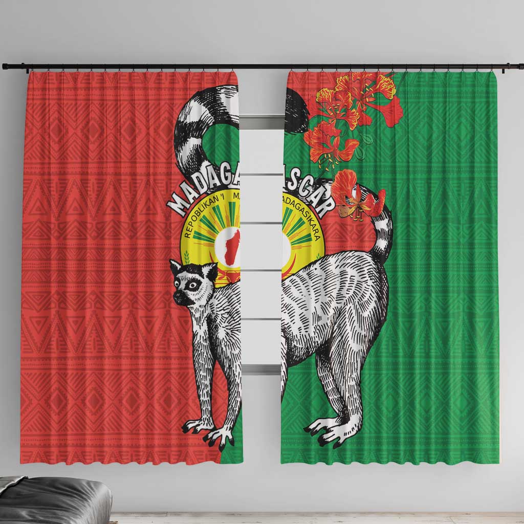 Happy Madagascar Independence Day Window Curtain Ring-Tailed Lemur With Seal Of Madagasikara