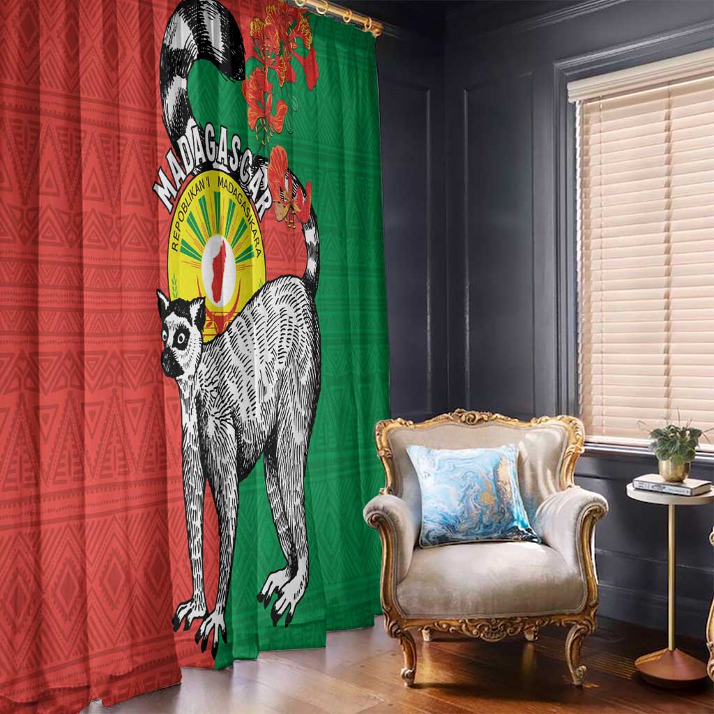 Happy Madagascar Independence Day Window Curtain Ring-Tailed Lemur With Seal Of Madagasikara