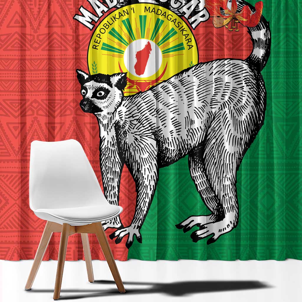Happy Madagascar Independence Day Window Curtain Ring-Tailed Lemur With Seal Of Madagasikara