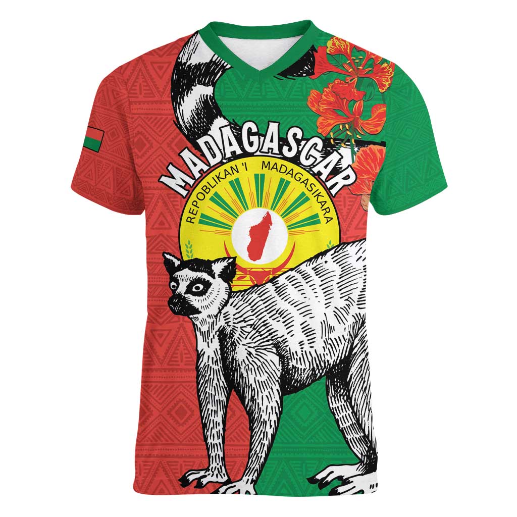 Happy Madagascar Independence Day Women V-Neck T-Shirt Ring-Tailed Lemur With Seal Of Madagasikara