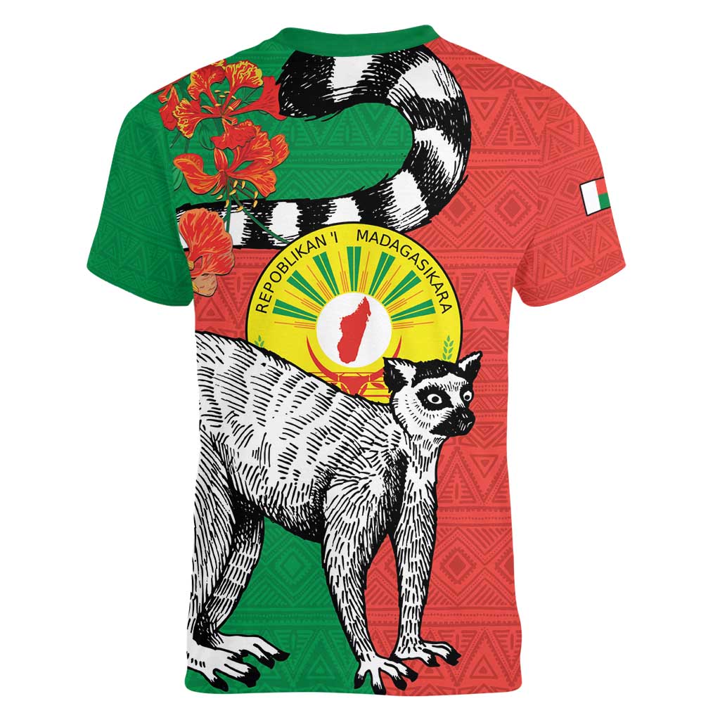 Happy Madagascar Independence Day Women V-Neck T-Shirt Ring-Tailed Lemur With Seal Of Madagasikara