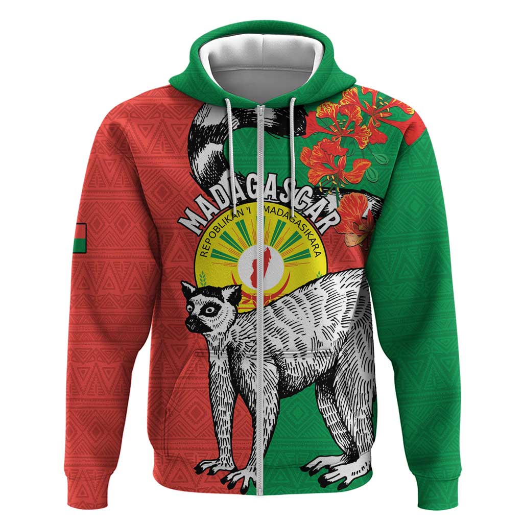 Happy Madagascar Independence Day Zip Hoodie Ring-Tailed Lemur With Seal Of Madagasikara