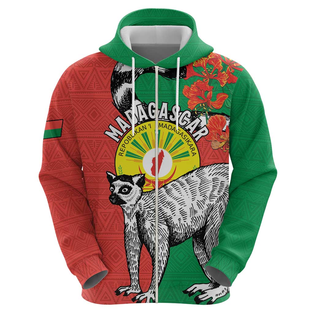 Happy Madagascar Independence Day Zip Hoodie Ring-Tailed Lemur With Seal Of Madagasikara