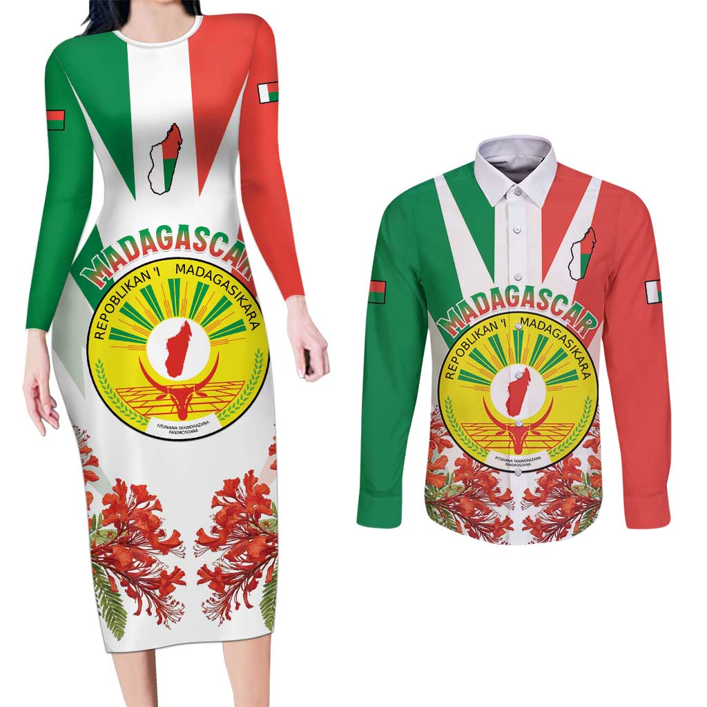 Personalized Madagasikara Couples Matching Long Sleeve Bodycon Dress and Long Sleeve Button Shirt Seal With Poinciana