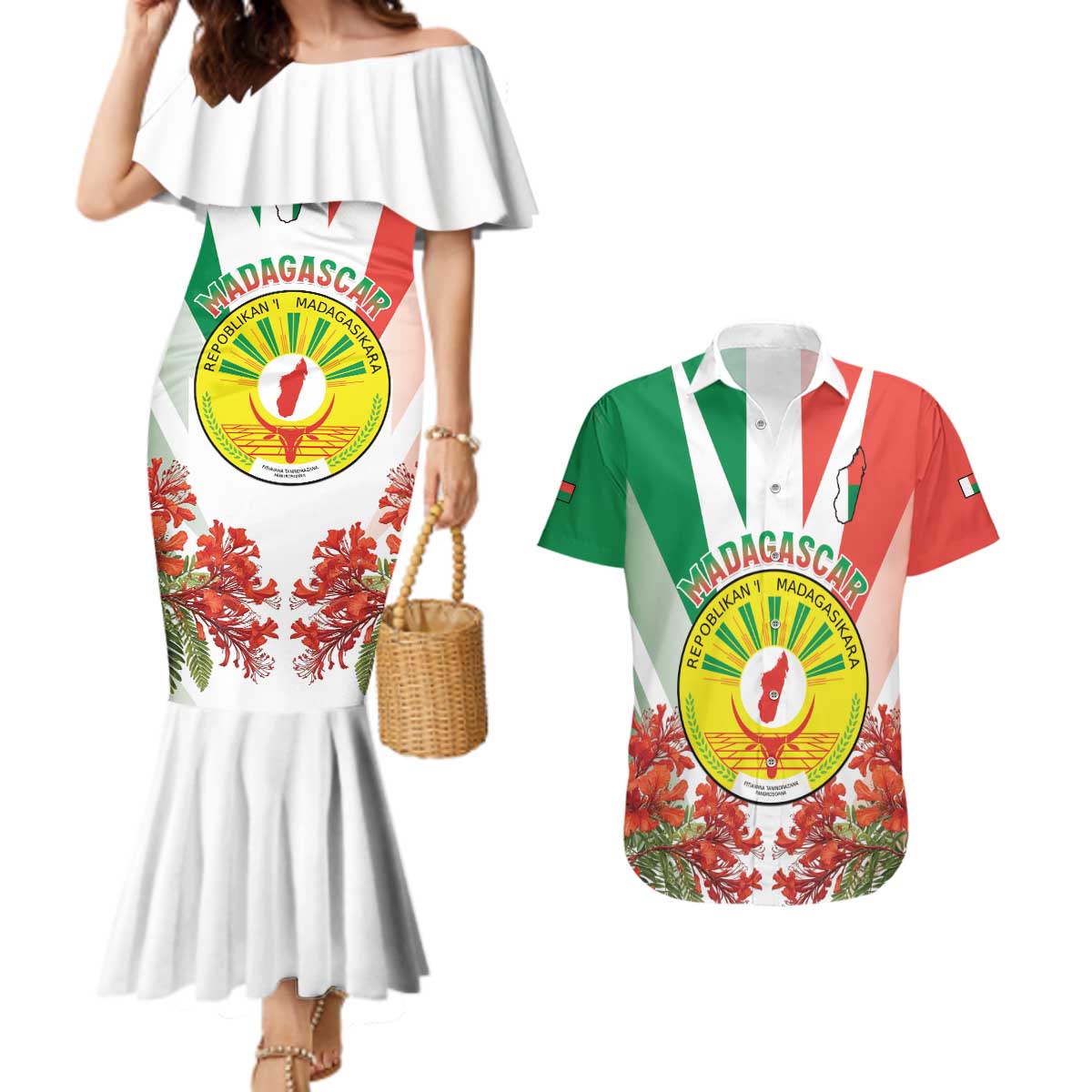 Personalized Madagasikara Couples Matching Mermaid Dress and Hawaiian Shirt Seal With Poinciana
