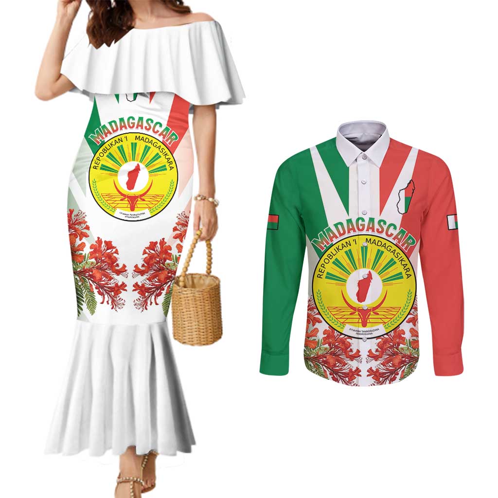 Personalized Madagasikara Couples Matching Mermaid Dress and Long Sleeve Button Shirt Seal With Poinciana