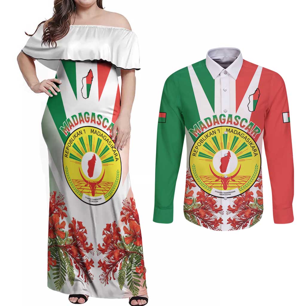 Personalized Madagasikara Couples Matching Off Shoulder Maxi Dress and Long Sleeve Button Shirt Seal With Poinciana