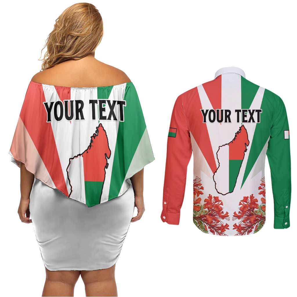 Personalized Madagasikara Couples Matching Off Shoulder Short Dress and Long Sleeve Button Shirt Seal With Poinciana
