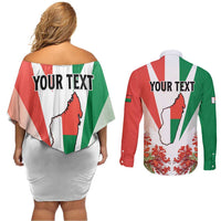 Personalized Madagasikara Couples Matching Off Shoulder Short Dress and Long Sleeve Button Shirt Seal With Poinciana