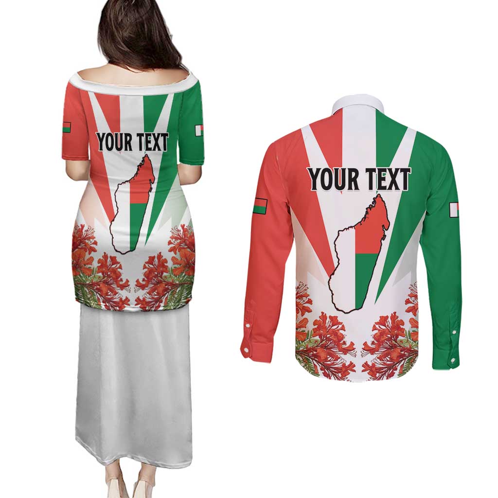 Personalized Madagasikara Couples Matching Puletasi and Long Sleeve Button Shirt Seal With Poinciana