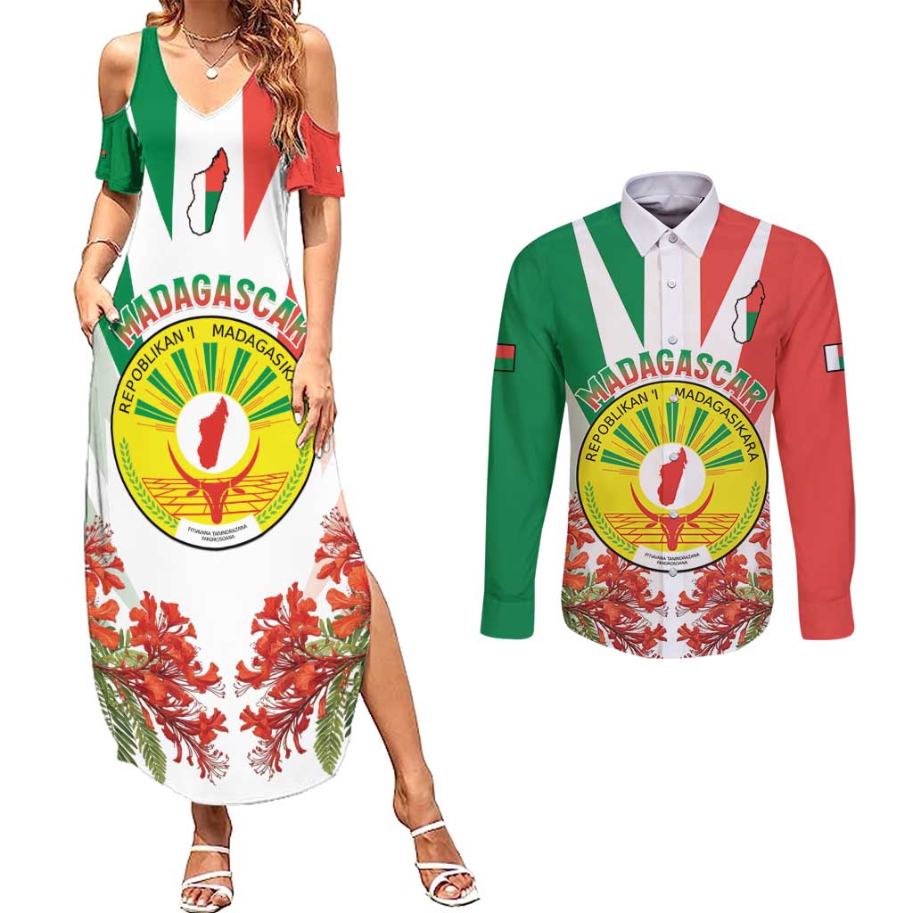 Personalized Madagasikara Couples Matching Summer Maxi Dress and Long Sleeve Button Shirt Seal With Poinciana
