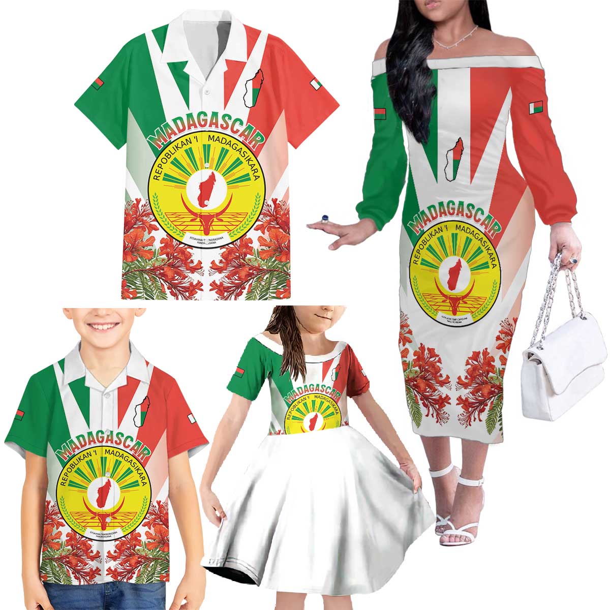 Personalized Madagasikara Family Matching Off The Shoulder Long Sleeve Dress and Hawaiian Shirt Seal With Poinciana
