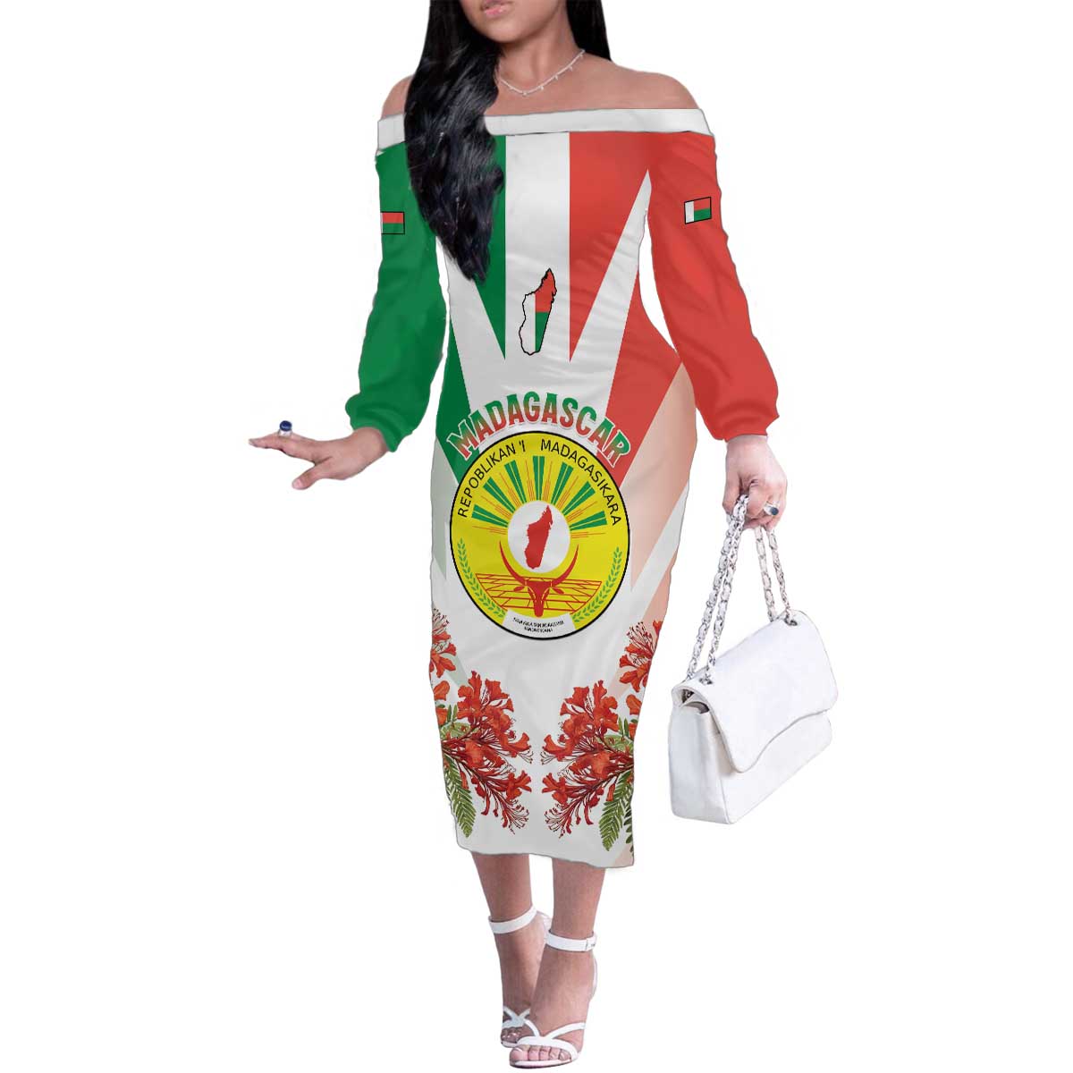 Personalized Madagasikara Family Matching Off The Shoulder Long Sleeve Dress and Hawaiian Shirt Seal With Poinciana