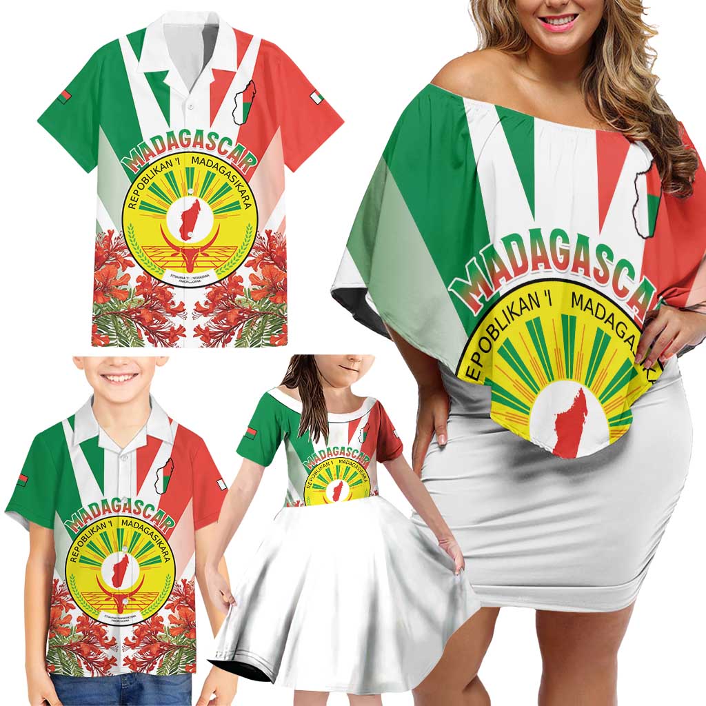 Personalized Madagasikara Family Matching Off Shoulder Short Dress and Hawaiian Shirt Seal With Poinciana