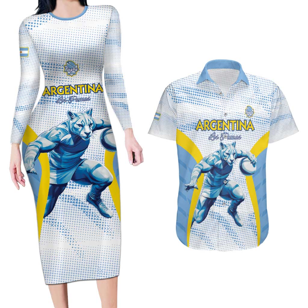 Argentina Rugby Custom Couples Matching Long Sleeve Bodycon Dress and Hawaiian Shirt Pumas Mascot - Sporty Style
