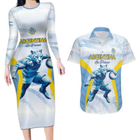 Argentina Rugby Custom Couples Matching Long Sleeve Bodycon Dress and Hawaiian Shirt Pumas Mascot - Sporty Style