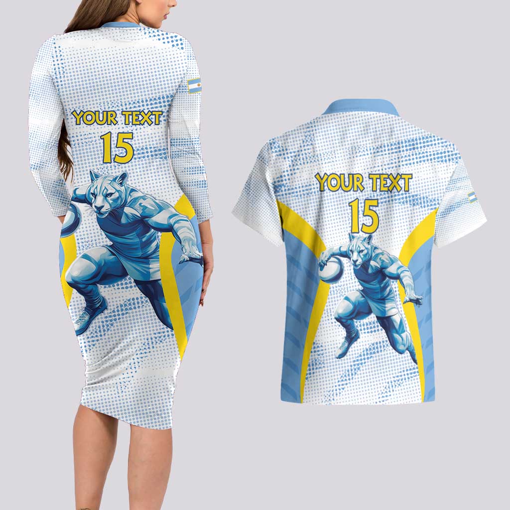 Argentina Rugby Custom Couples Matching Long Sleeve Bodycon Dress and Hawaiian Shirt Pumas Mascot - Sporty Style