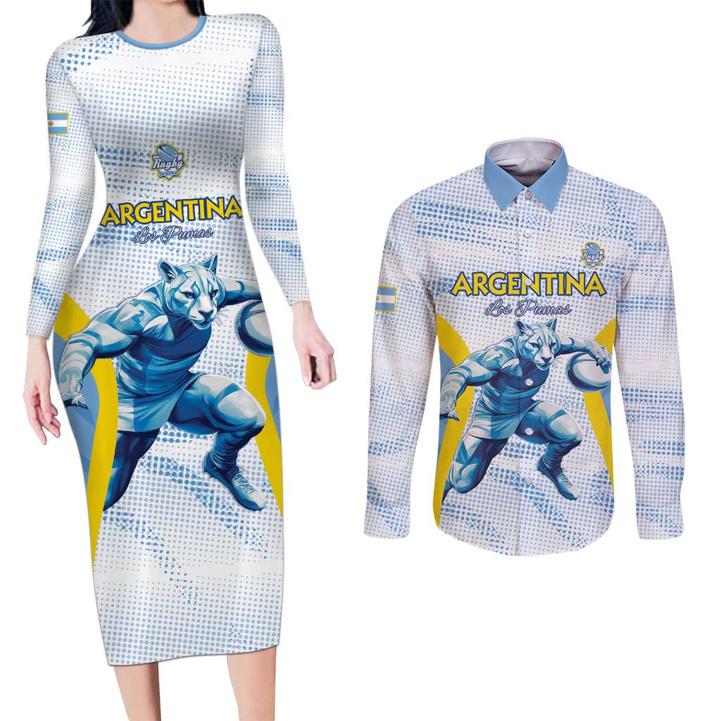 Argentina Rugby Custom Couples Matching Long Sleeve Bodycon Dress and Long Sleeve Button Shirt Pumas Mascot - Sporty Style