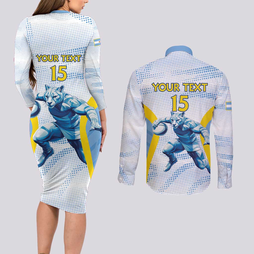 Argentina Rugby Custom Couples Matching Long Sleeve Bodycon Dress and Long Sleeve Button Shirt Pumas Mascot - Sporty Style