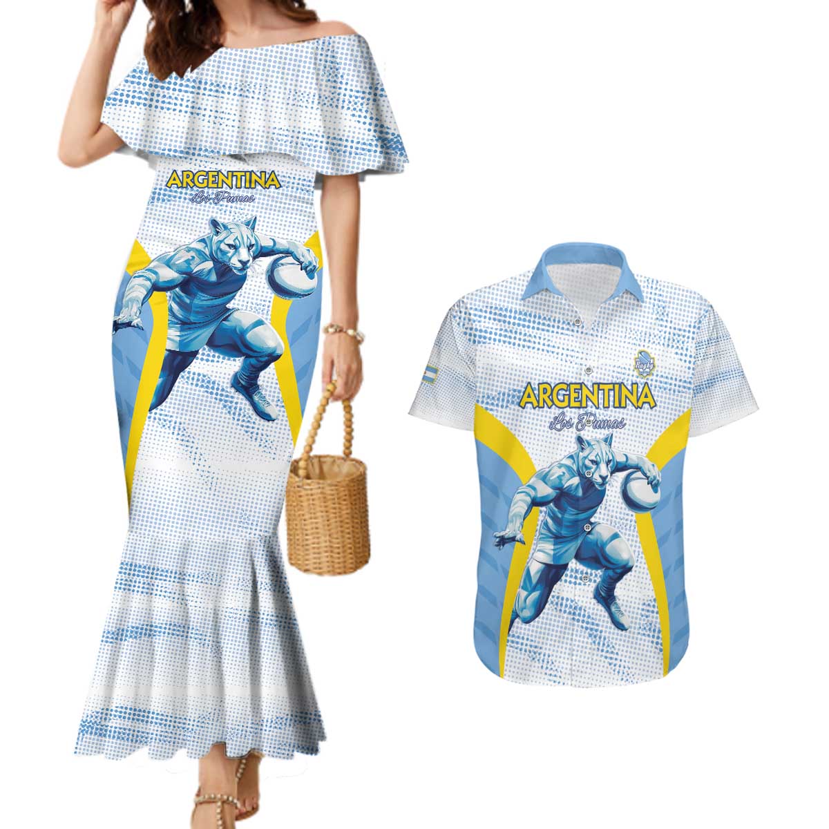 Argentina Rugby Custom Couples Matching Mermaid Dress and Hawaiian Shirt Pumas Mascot - Sporty Style