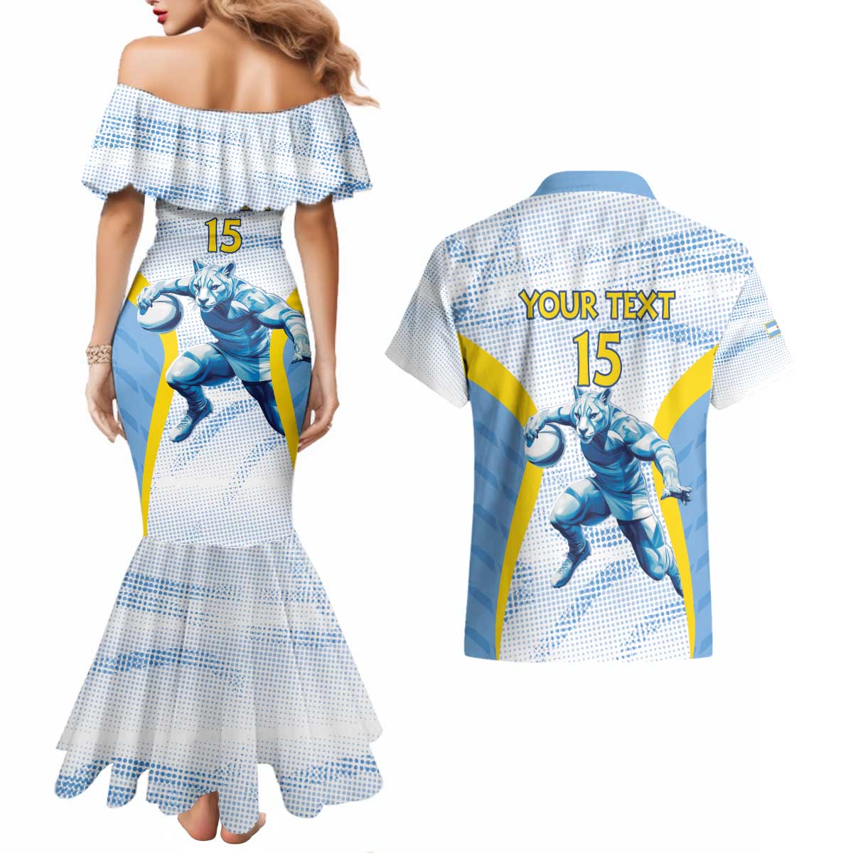 Argentina Rugby Custom Couples Matching Mermaid Dress and Hawaiian Shirt Pumas Mascot - Sporty Style