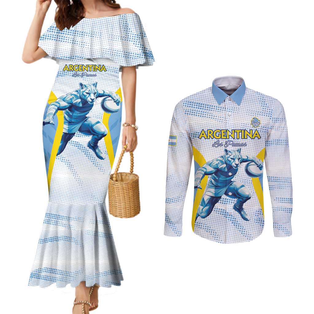 Argentina Rugby Custom Couples Matching Mermaid Dress and Long Sleeve Button Shirt Pumas Mascot - Sporty Style
