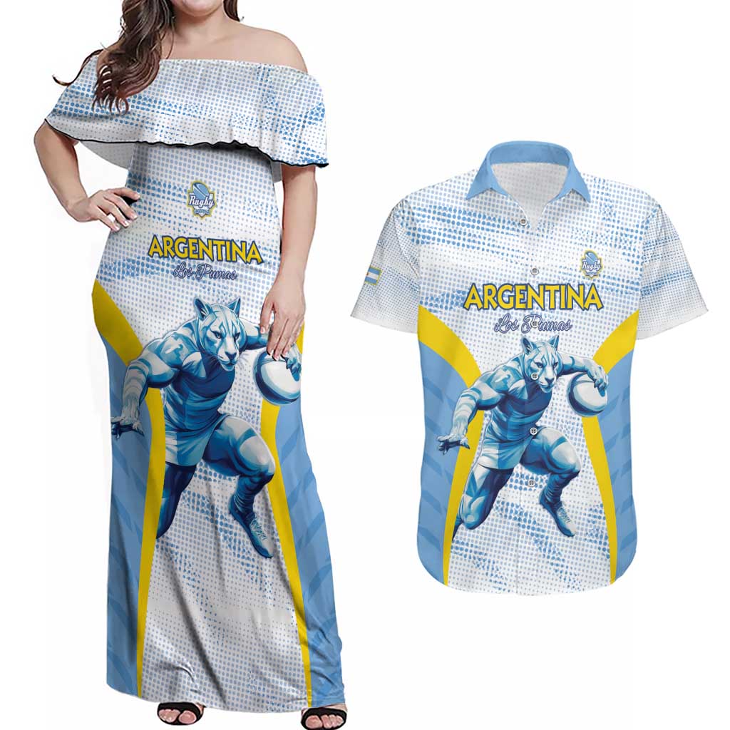Argentina Rugby Custom Couples Matching Off Shoulder Maxi Dress and Hawaiian Shirt Pumas Mascot - Sporty Style